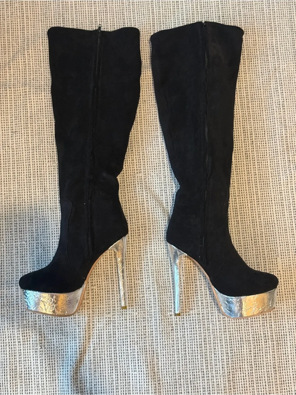 Black Suede Knee-High Boots with Silver Platform Heel